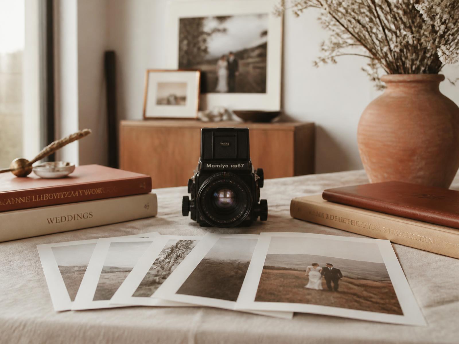 Meja kerja studio fotografi dengan kamera medium format dan cetakan foto pernikahan